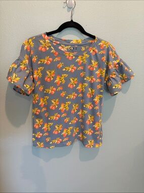 LOFT Blue Peach Print Ruffle Sleeve Tee